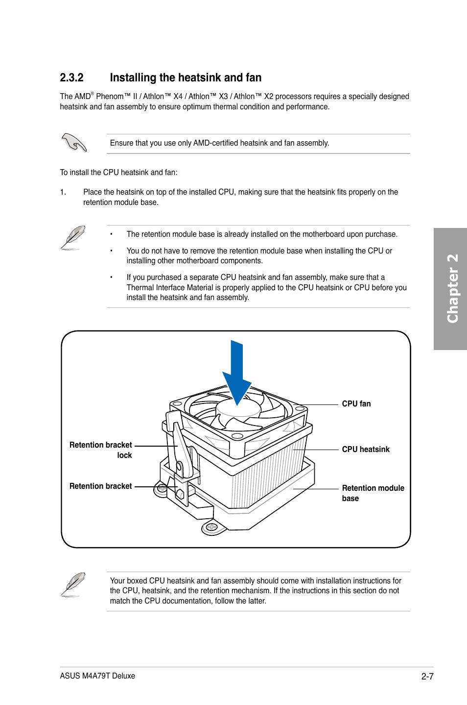 Chapter 2, 2 installing the heatsink and fan | Asus M4A79T Deluxe/U3S6 User Manual | Page 27 / 120