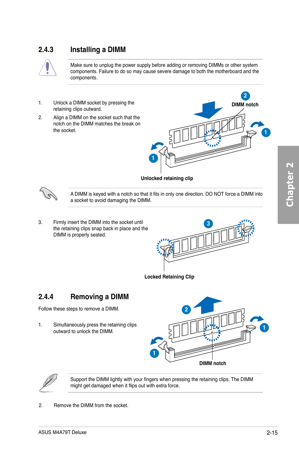 Chapter 2, 4 removing a dimm, 3 installing a dimm | Asus M4A79T Deluxe/U3S6 User Manual | Page 35 / 120
