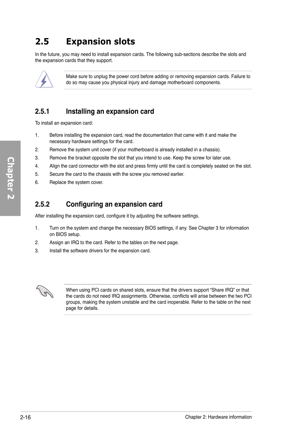 Chapter 2 2.5 expansion slots, 1 installing an expansion card, 2 configuring an expansion card | Asus M4A79T Deluxe/U3S6 User Manual | Page 36 / 120