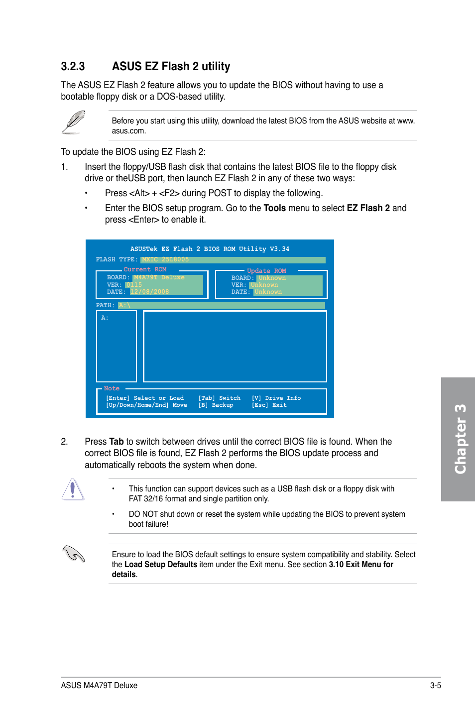 Chapter 3, 3 asus ez flash 2 utility | Asus M4A79T Deluxe/U3S6 User Manual | Page 63 / 120