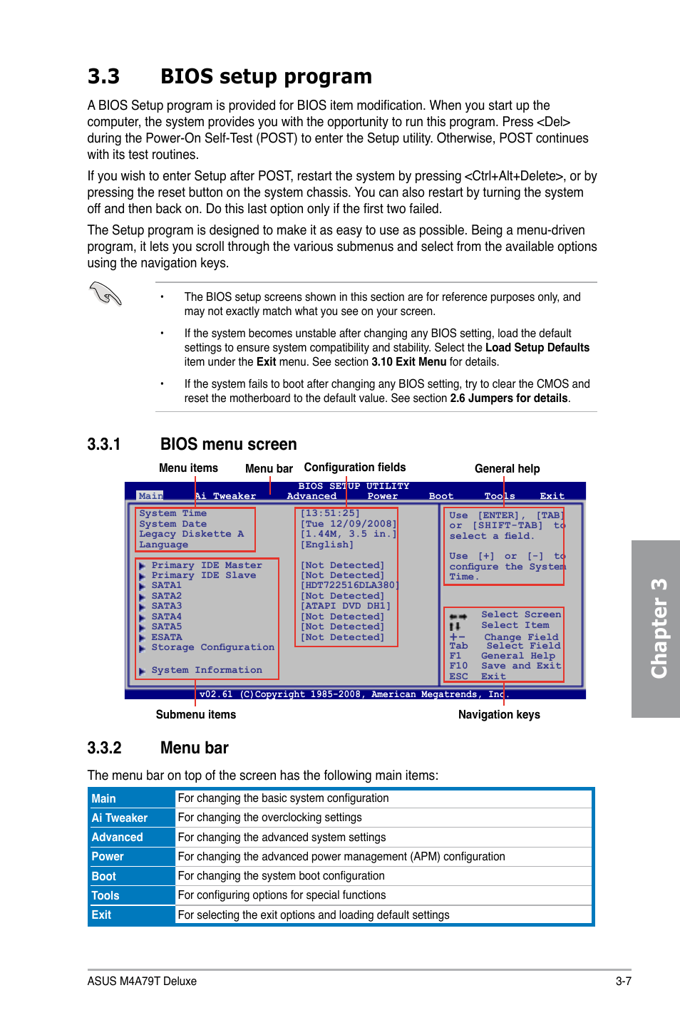 Chapter 3 3.3 bios setup program, 1 bios menu screen, 2 menu bar | Asus M4A79T Deluxe/U3S6 User Manual | Page 65 / 120