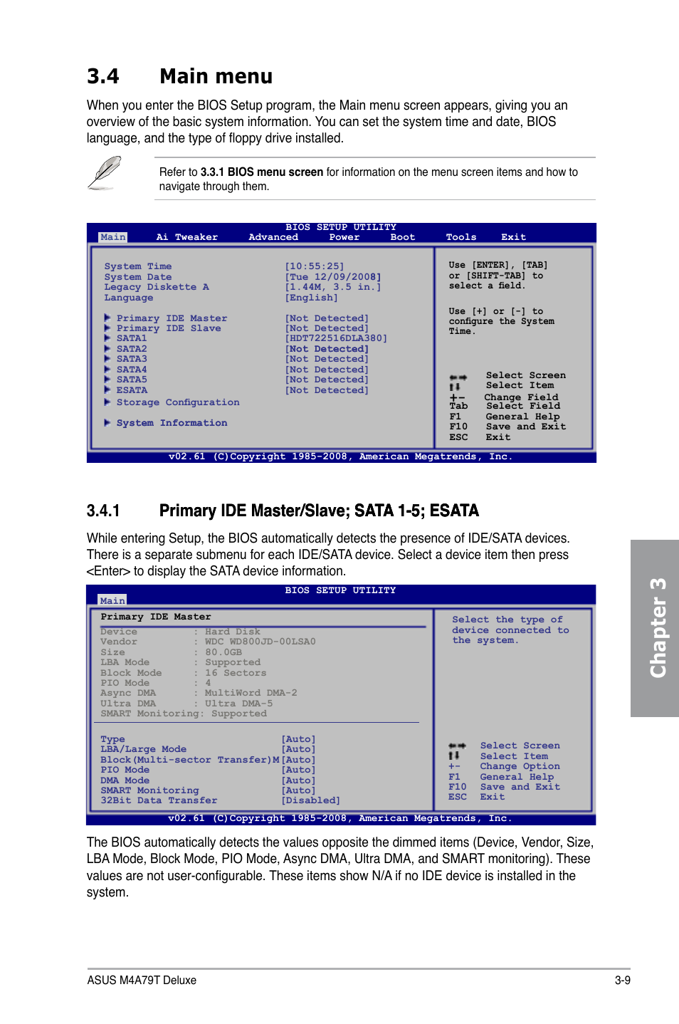 Chapter 3, 4 main menu | Asus M4A79T Deluxe/U3S6 User Manual | Page 67 / 120
