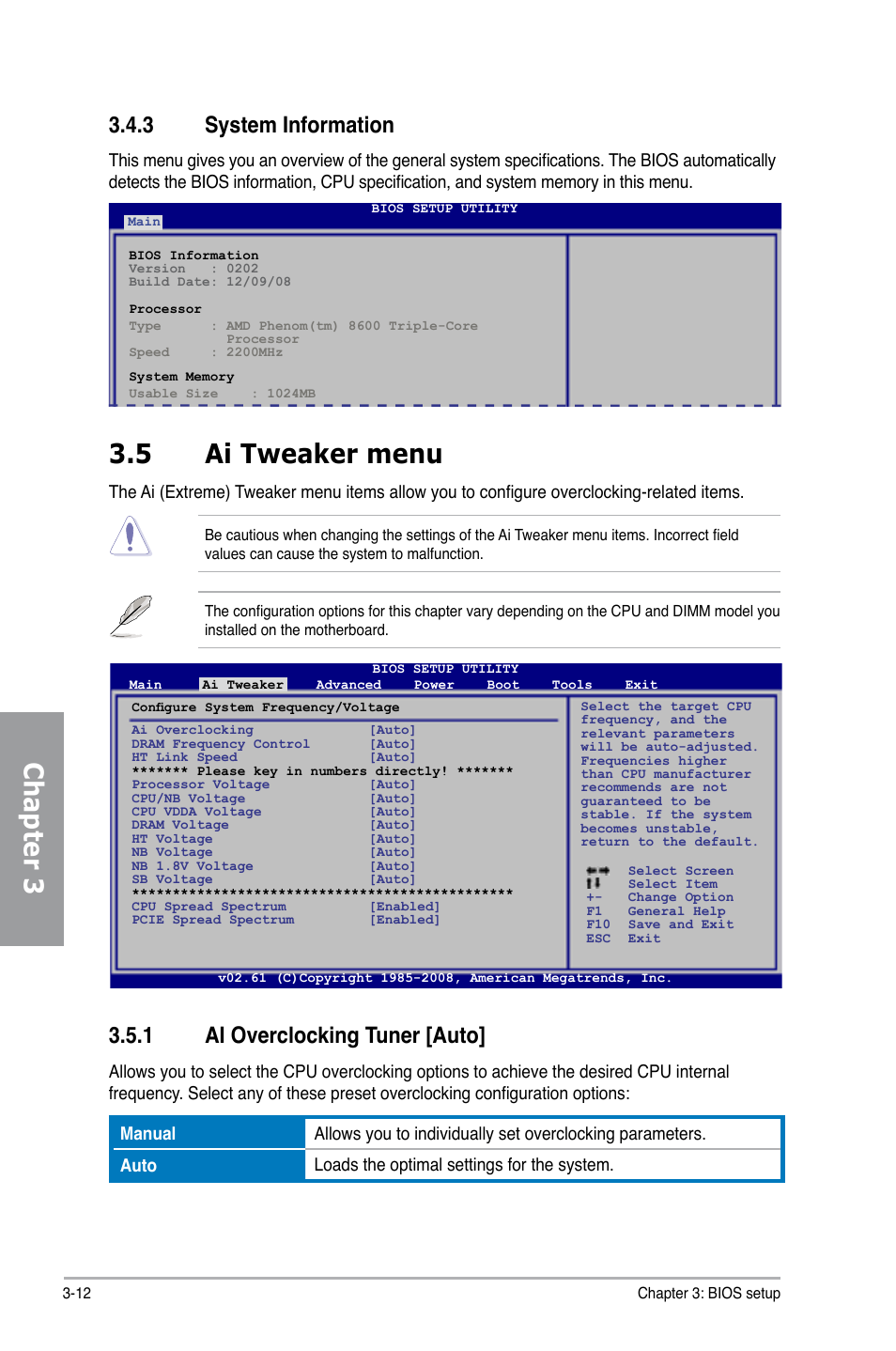 Chapter 3, 5 ai tweaker menu, 3 system information | 1 ai overclocking tuner [auto | Asus M4A79T Deluxe/U3S6 User Manual | Page 70 / 120