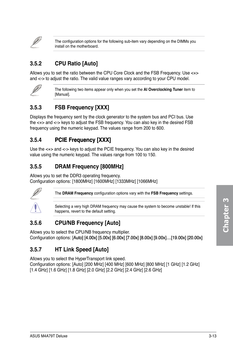 Chapter 3, 2 cpu ratio [auto, 3 fsb frequency [xxx | 4 pcie frequency [xxx] pcie frequency [xxx, 5 dram frequency [800mhz, 6 cpu/nb frequency [auto, 7 ht link speed [auto | Asus M4A79T Deluxe/U3S6 User Manual | Page 71 / 120