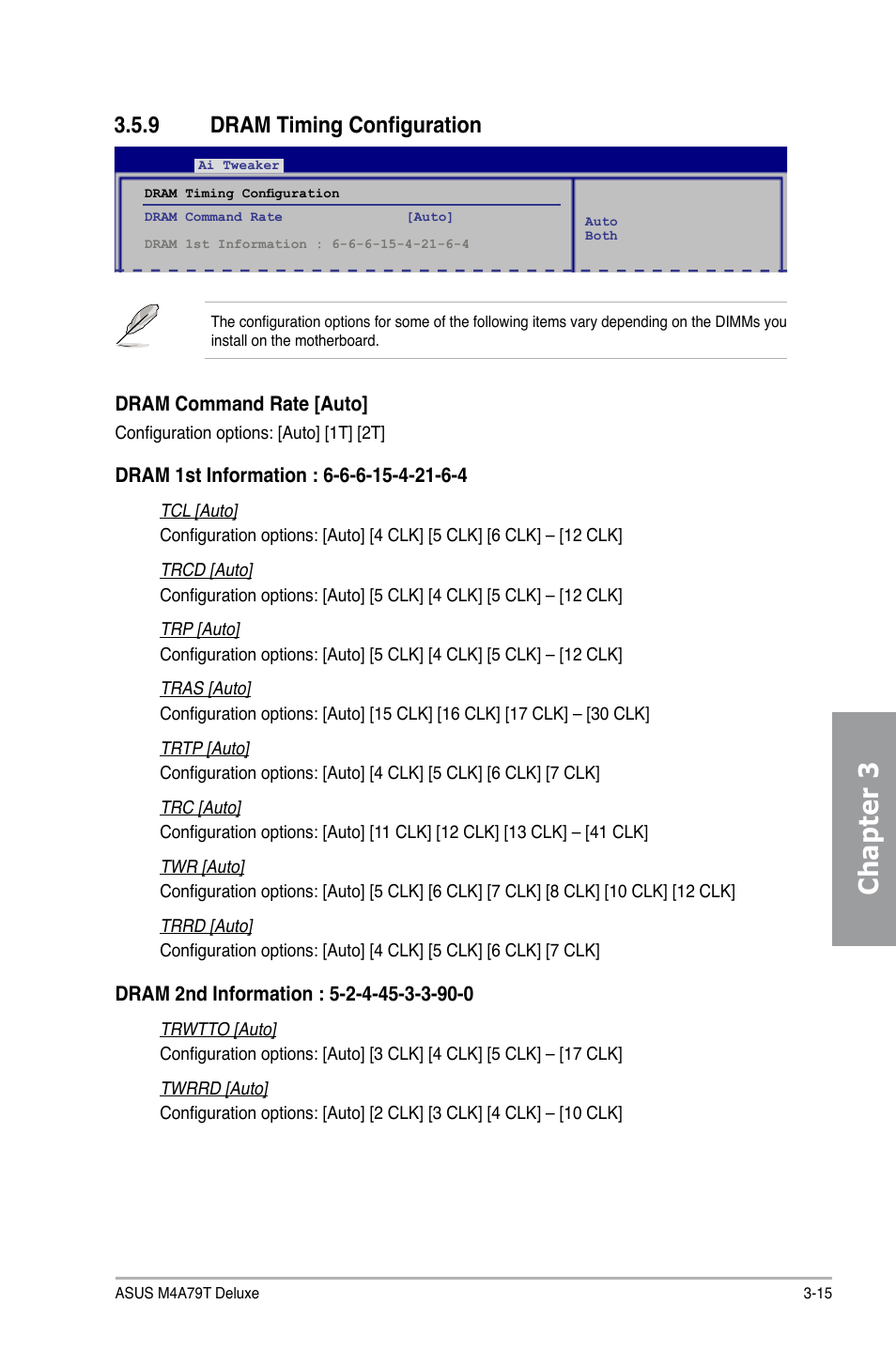 Chapter 3, 9 dram timing configuration | Asus M4A79T Deluxe/U3S6 User Manual | Page 73 / 120