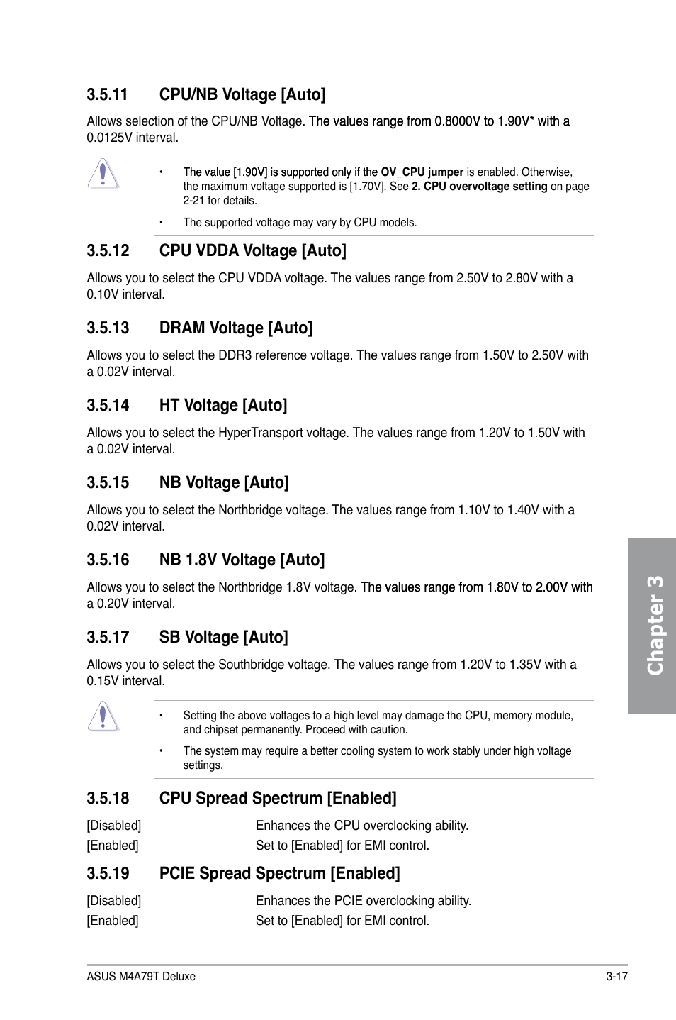 Chapter 3, 18 cpu spread spectrum [enabled, 19 pcie spread spectrum [enabled | 11 cpu/nb voltage [auto, 12 cpu vdda voltage [auto, 13 dram voltage [auto, 14 ht voltage [auto, 15 nb voltage [auto, 16 nb 1.8v voltage [auto, 17 sb voltage [auto | Asus M4A79T Deluxe/U3S6 User Manual | Page 75 / 120
