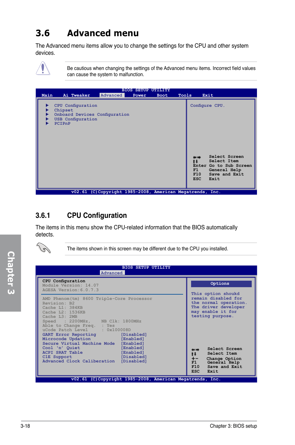 Chapter 3, 6 advanced menu, 1 cpu configuration | Asus M4A79T Deluxe/U3S6 User Manual | Page 76 / 120