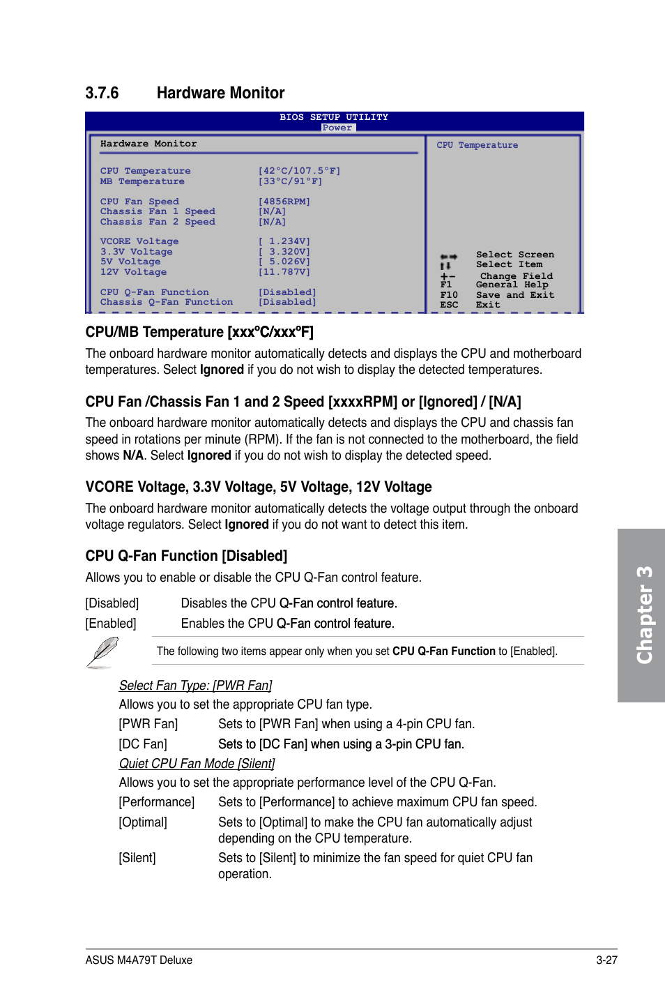 Chapter 3, 6 hardware monitor, Cpu/mb temperature [xxxºc/xxxºf] [xxxºc/xxxºf | Cpu q-fan function [disabled | Asus M4A79T Deluxe/U3S6 User Manual | Page 85 / 120