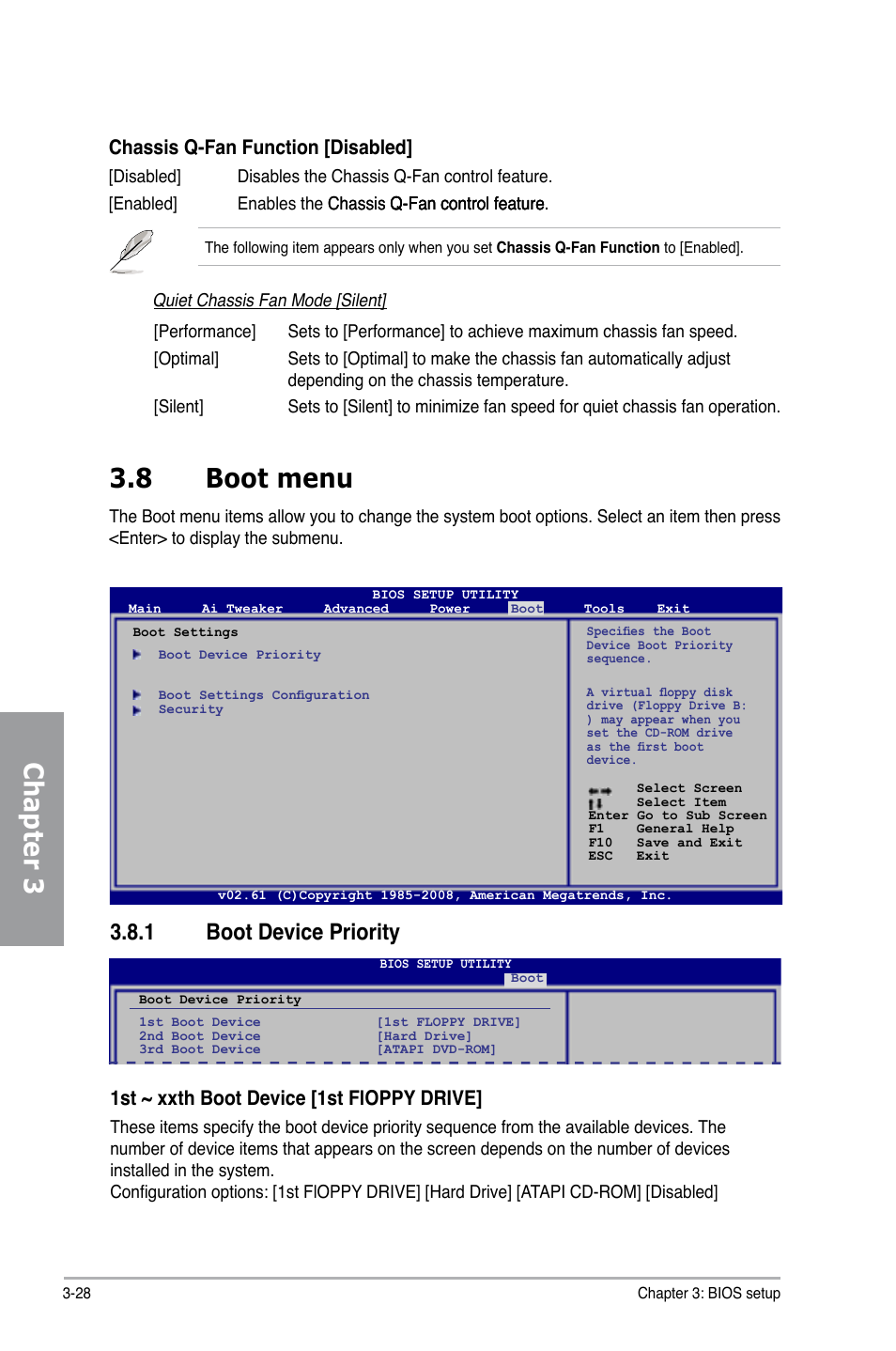 Chapter 3, 8 boot menu, 1 boot device priority | Chassis q-fan function [disabled, 1st ~ xxth boot device [1st floppy drive | Asus M4A79T Deluxe/U3S6 User Manual | Page 86 / 120