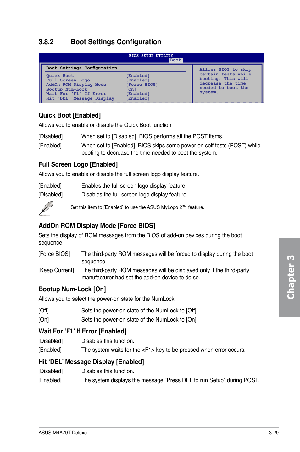 Chapter 3, 2 boot settings configuration, Quick boot [enabled | Full screen logo [enabled, Addon rom display mode [force bios, Bootup num-lock [on, Wait for ‘f1’ if error [enabled, Hit ‘del’ message display [enabled | Asus M4A79T Deluxe/U3S6 User Manual | Page 87 / 120