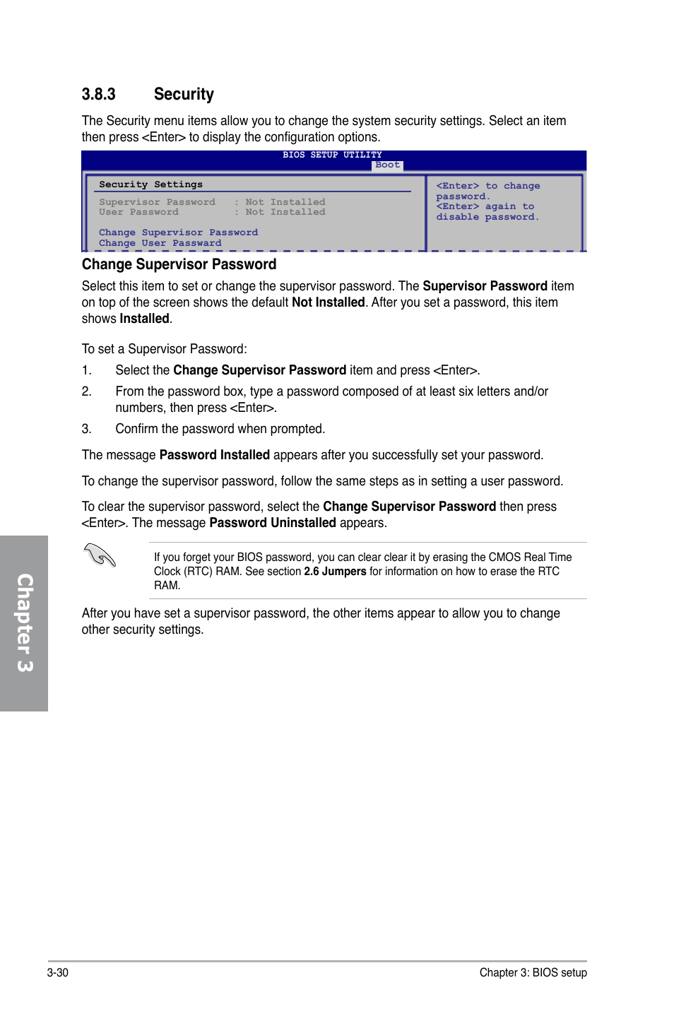 Chapter 3, 3 security, Change supervisor password | Asus M4A79T Deluxe/U3S6 User Manual | Page 88 / 120