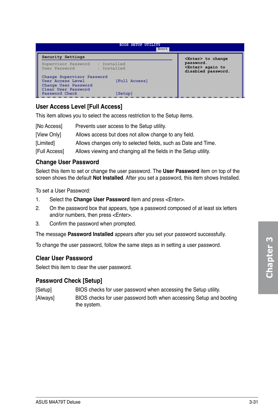 Chapter 3, User access level [full access, Change user password | Clear user password, Password check [setup | Asus M4A79T Deluxe/U3S6 User Manual | Page 89 / 120