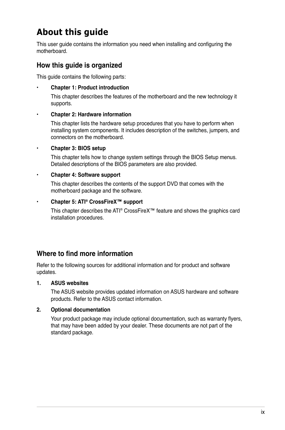 About this guide, How this guide is organized, Where to find more information | Asus M4A79T Deluxe/U3S6 User Manual | Page 9 / 120