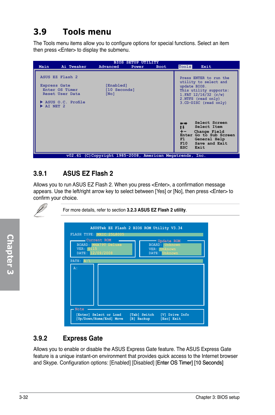 Chapter 3 3.9 tools menu, 1 asus ez flash 2, 2 express gate | Asus M4A79T Deluxe/U3S6 User Manual | Page 90 / 120