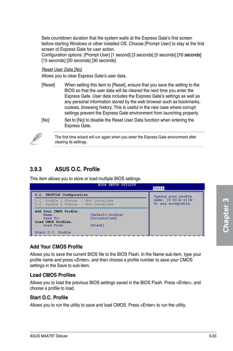 Chapter 3, 3 asus o.c. profile, Add your cmos profile | Load cmos profiles, Start o.c. profile | Asus M4A79T Deluxe/U3S6 User Manual | Page 91 / 120