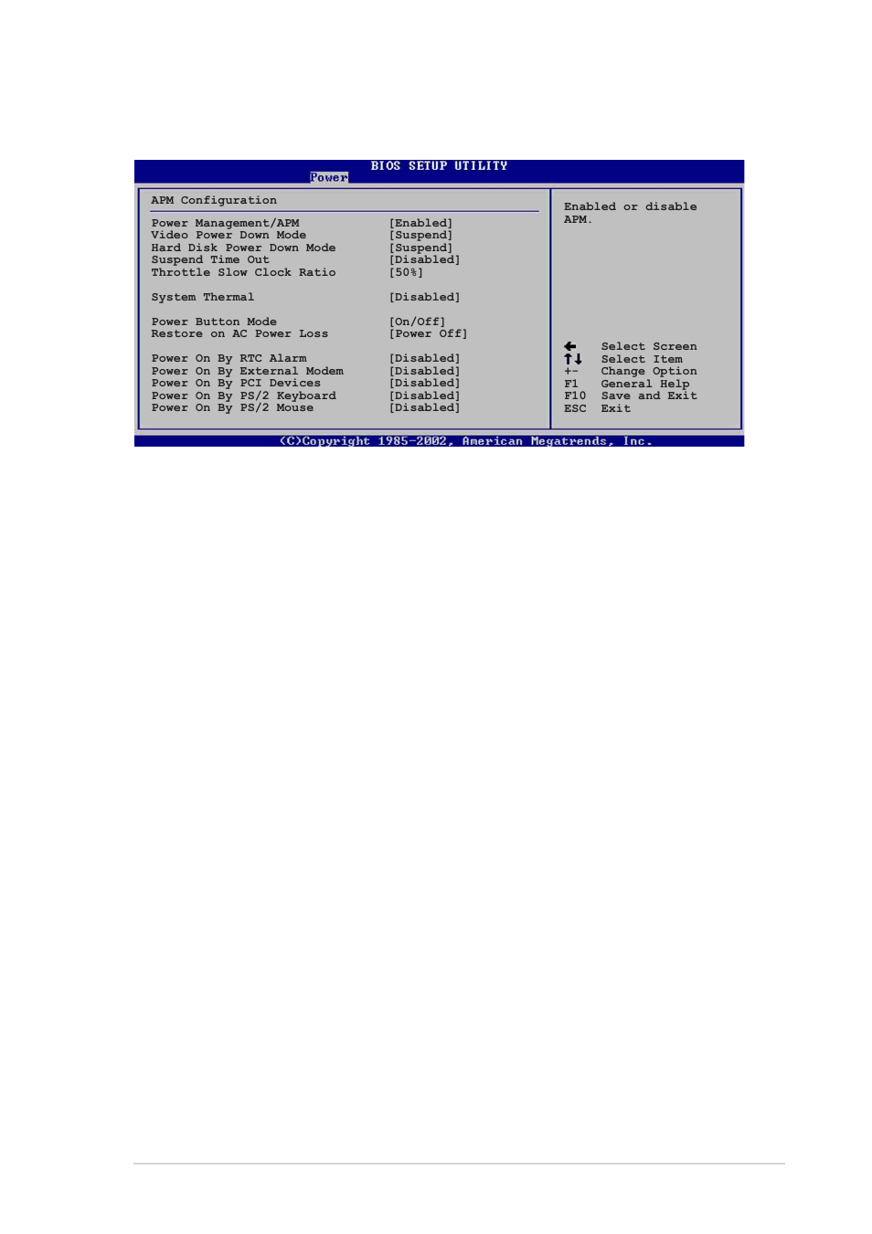 6 apm configuration, Power management/apm [enabled, Video power down mode [suspend | Hard disk power down mode [suspend, Suspend time out [disabled, Throttle slow clock ratio [50, System thermal [disabled | Asus P4P800 User Manual | Page 101 / 142