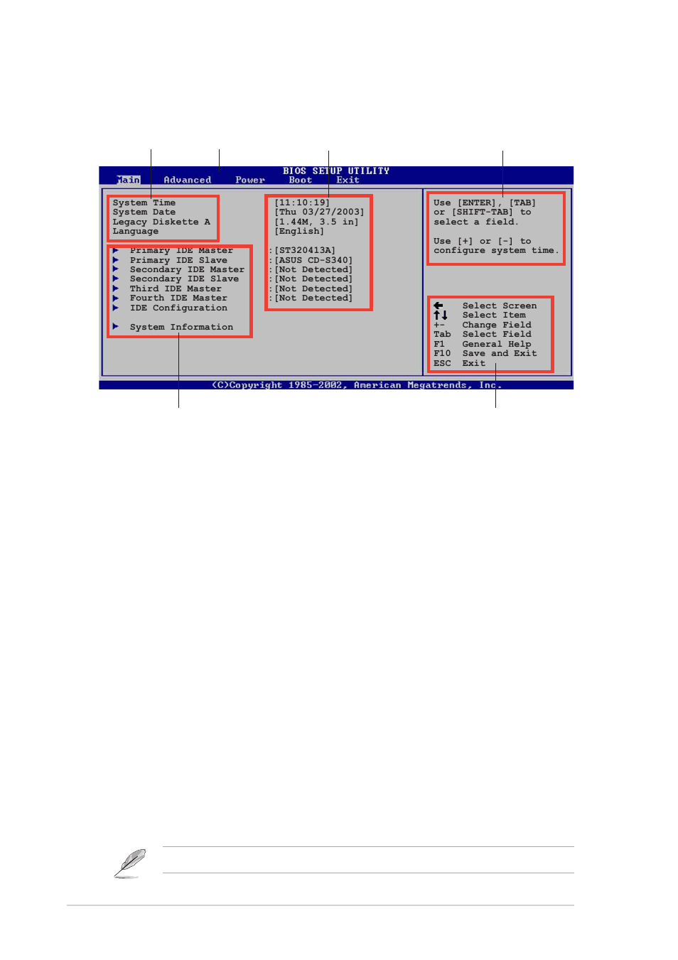 2 menu bar, 1 bios menu screen, 3 navigation keys | Asus P4P800 User Manual | Page 82 / 142