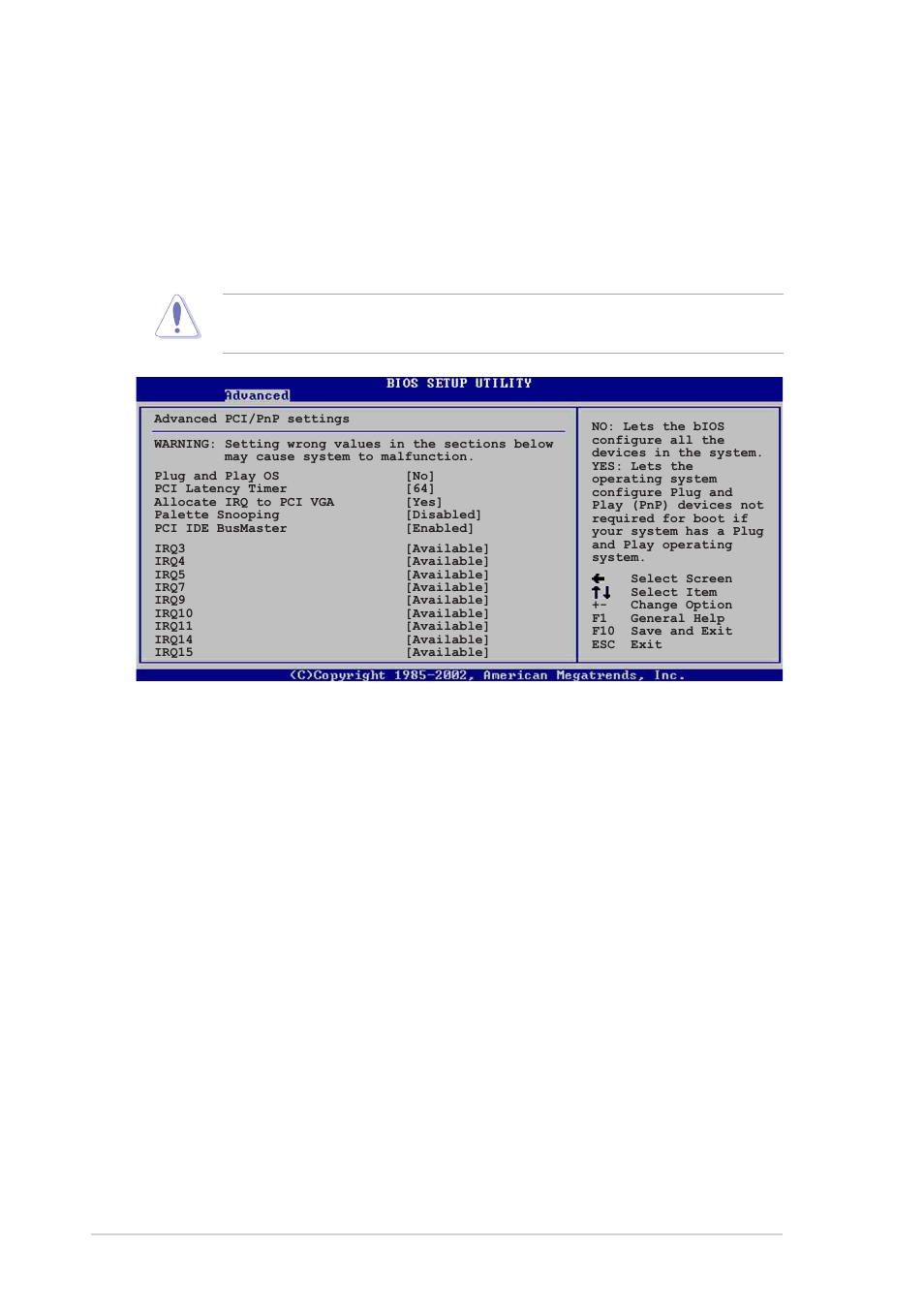 5 pci pnp, Plug and play o/s [no, Pci latency timer [64 | Allocate irq to pci vga [yes | Asus P4P800 User Manual | Page 96 / 142