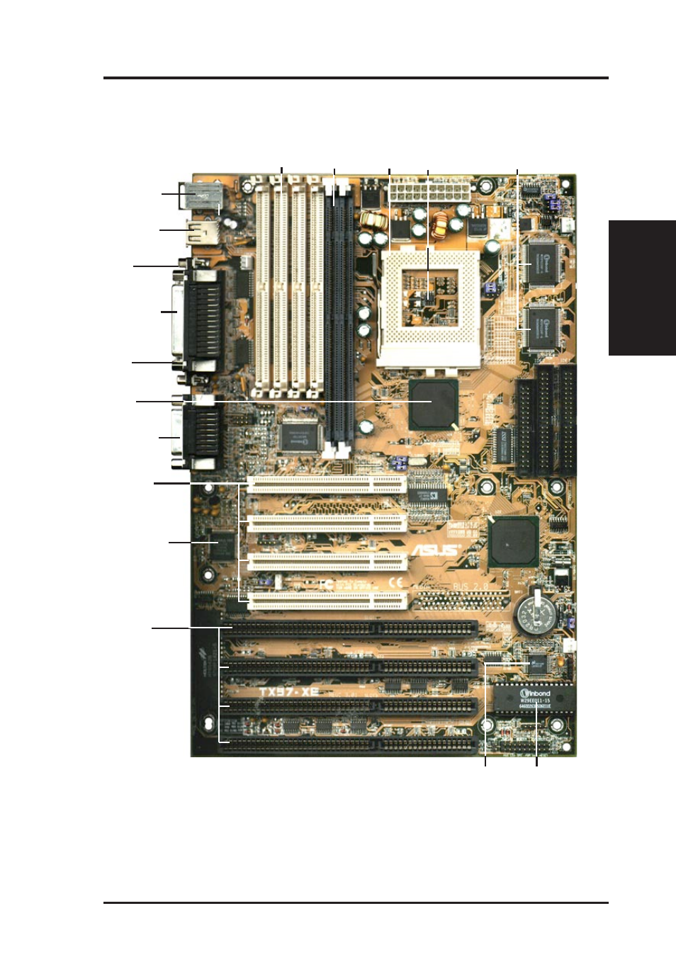 Ii. features, Parts of the asus tx97-xe motherboard, Asus tx97-xe user’s manual 11 | Ii. fea tures motherboard parts | Asus TX97-XE User Manual | Page 11 / 72