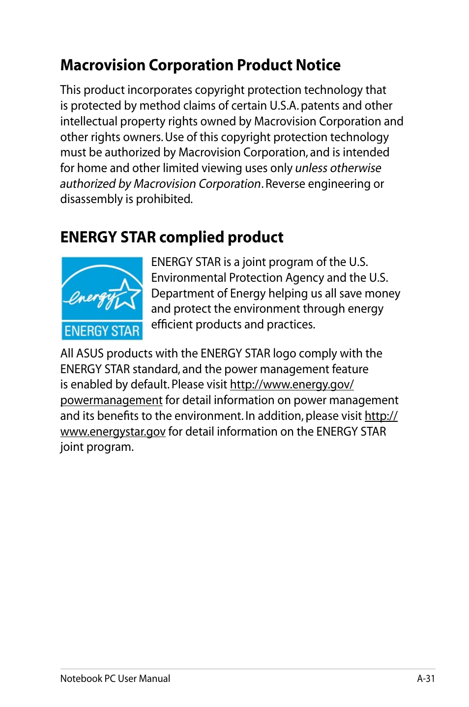 Macrovision corporation product notice, Energy star complied product | Asus X64Jv User Manual | Page 103 / 110