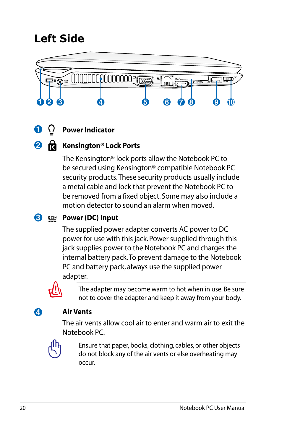 Left side | Asus X64Jv User Manual | Page 20 / 110