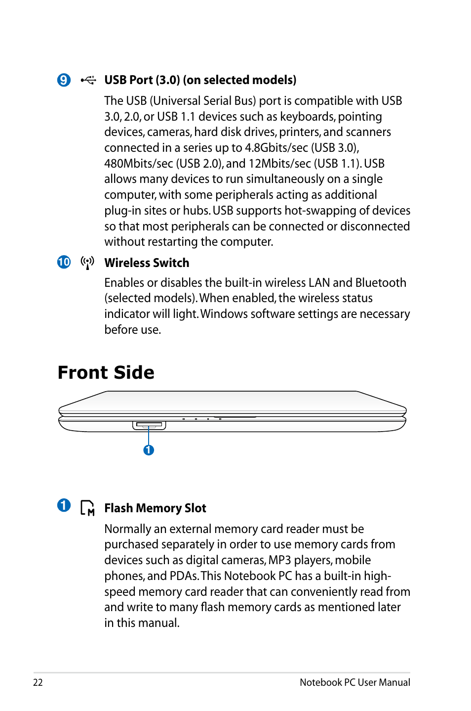 Front side | Asus X64Jv User Manual | Page 22 / 110