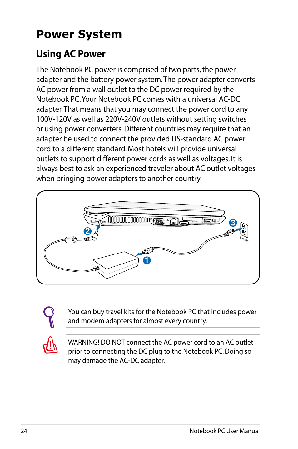 Power system, Using ac power | Asus X64Jv User Manual | Page 24 / 110