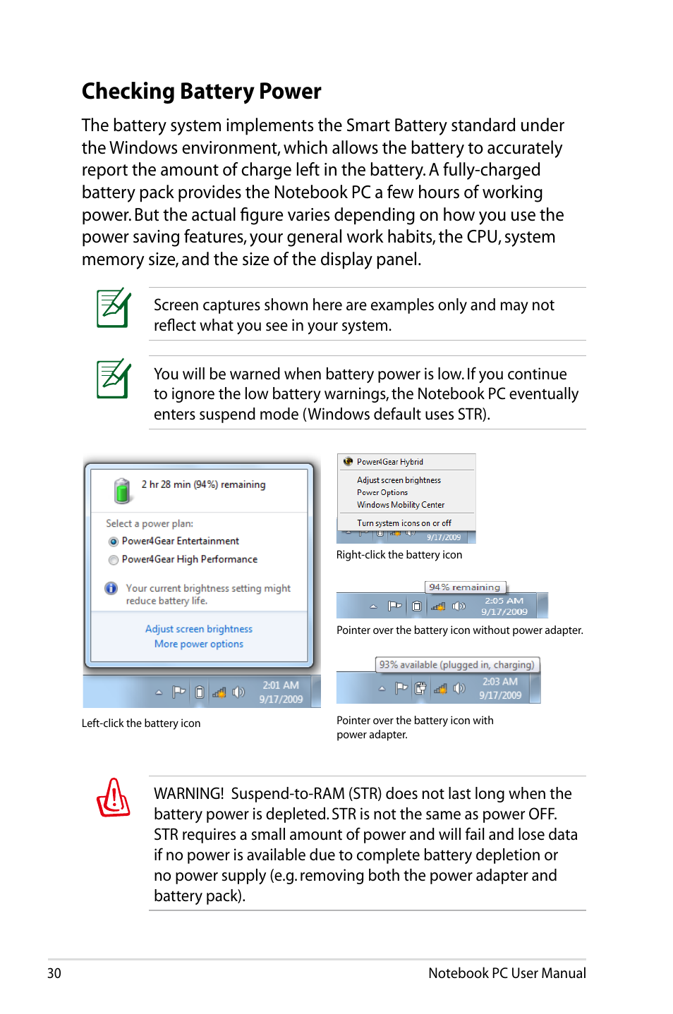 Checking battery power | Asus X64Jv User Manual | Page 30 / 110