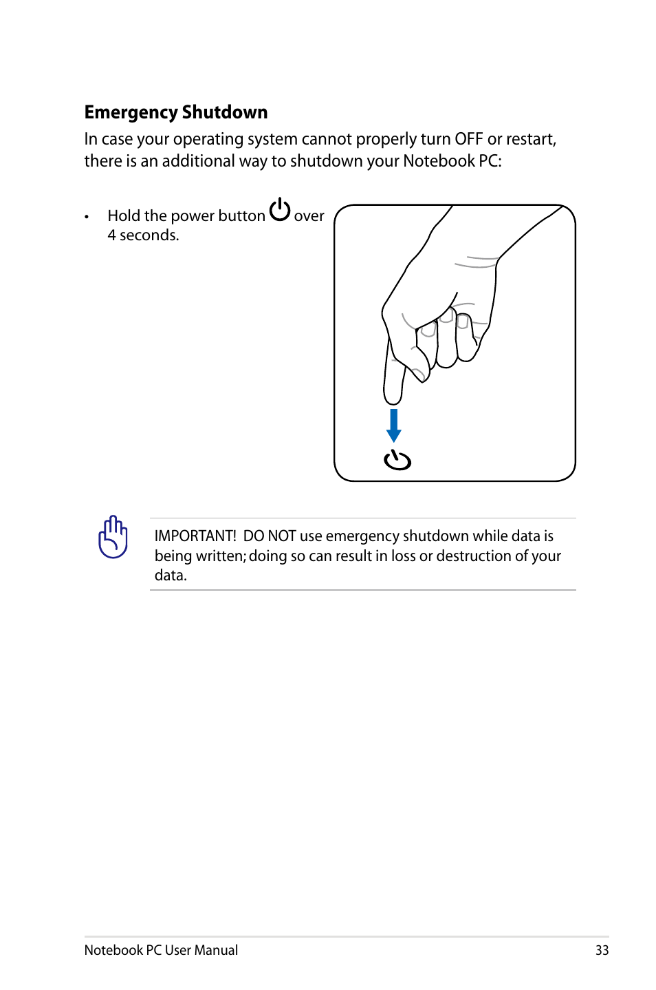 Emergency shutdown | Asus X64Jv User Manual | Page 33 / 110