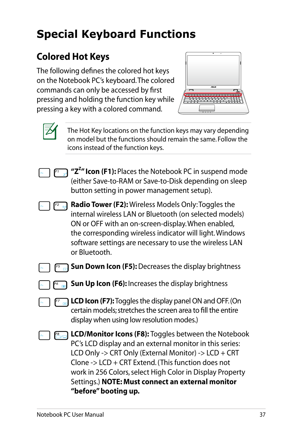 Special keyboard functions, Colored hot keys | Asus X64Jv User Manual | Page 37 / 110