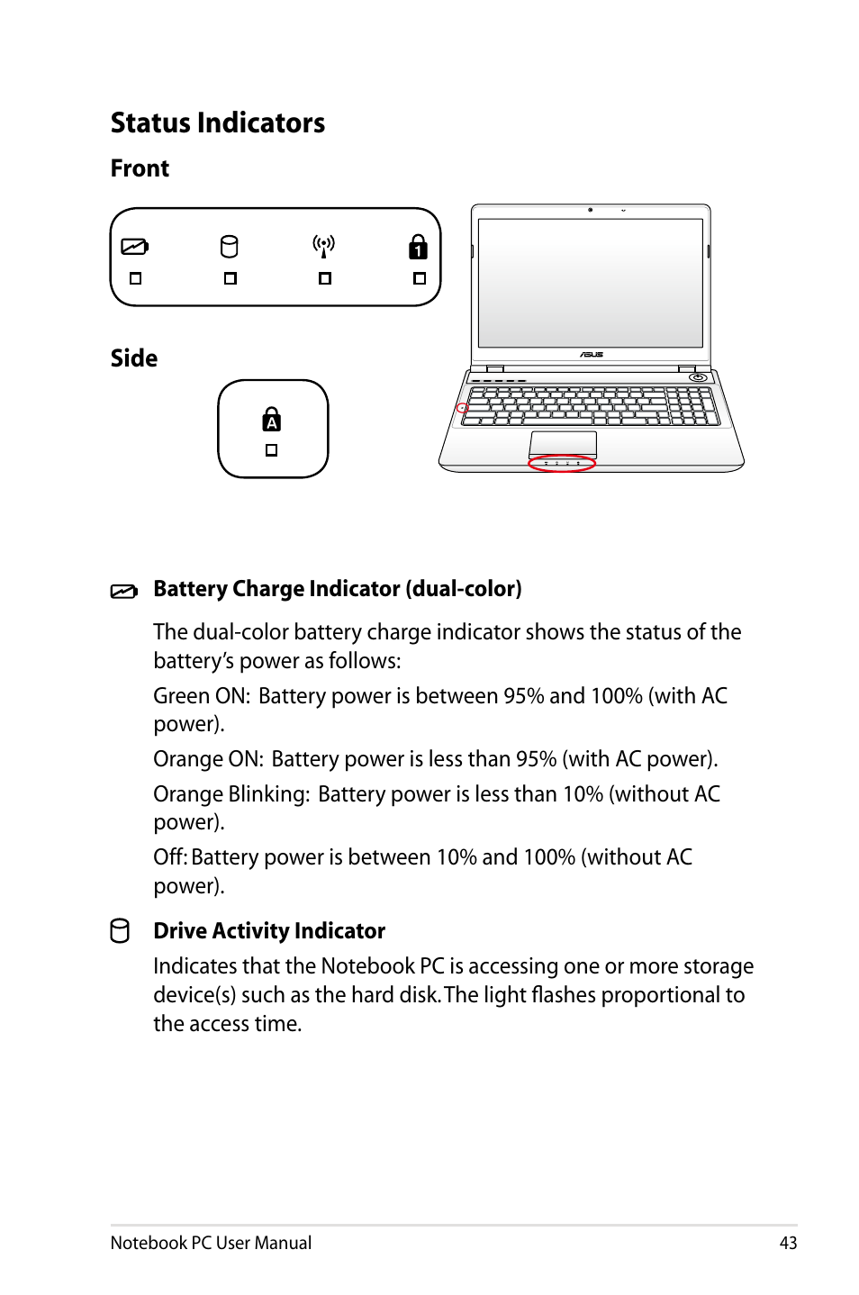 Status indicators | Asus X64Jv User Manual | Page 43 / 110