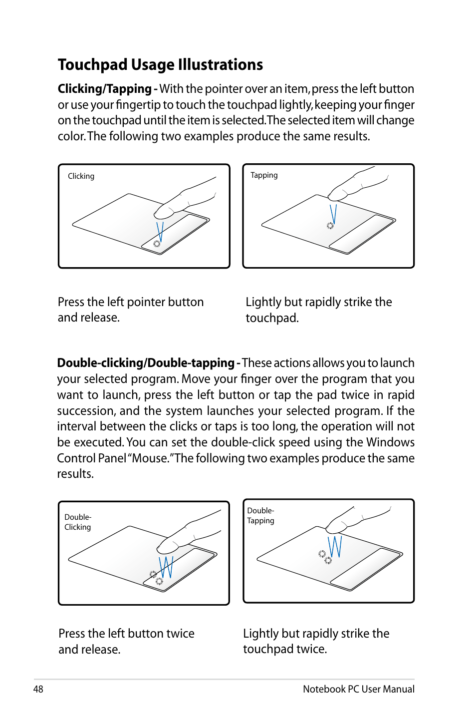 Touchpad usage illustrations | Asus X64Jv User Manual | Page 48 / 110
