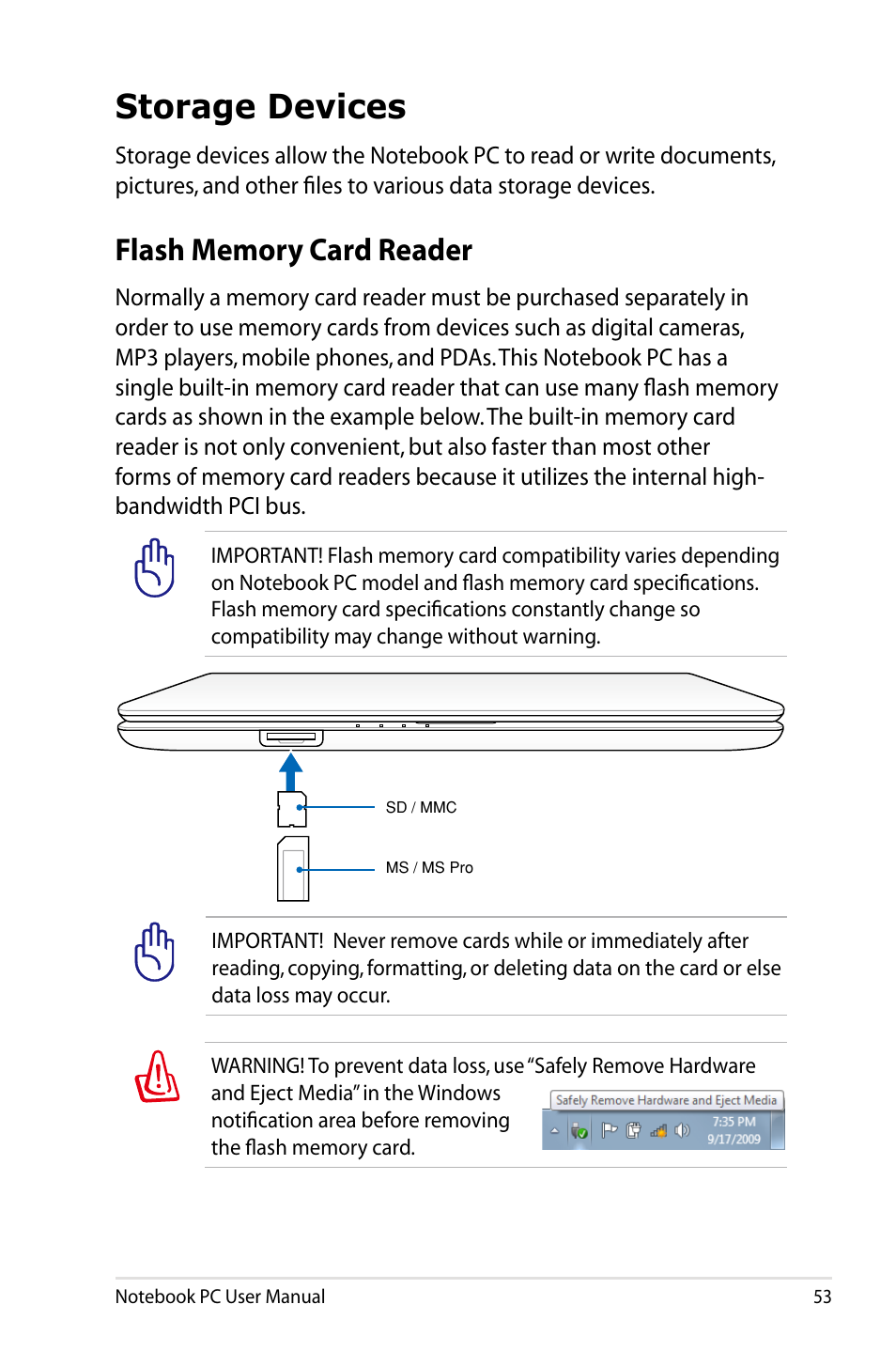 Storage devices, Flash memory card reader | Asus X64Jv User Manual | Page 53 / 110
