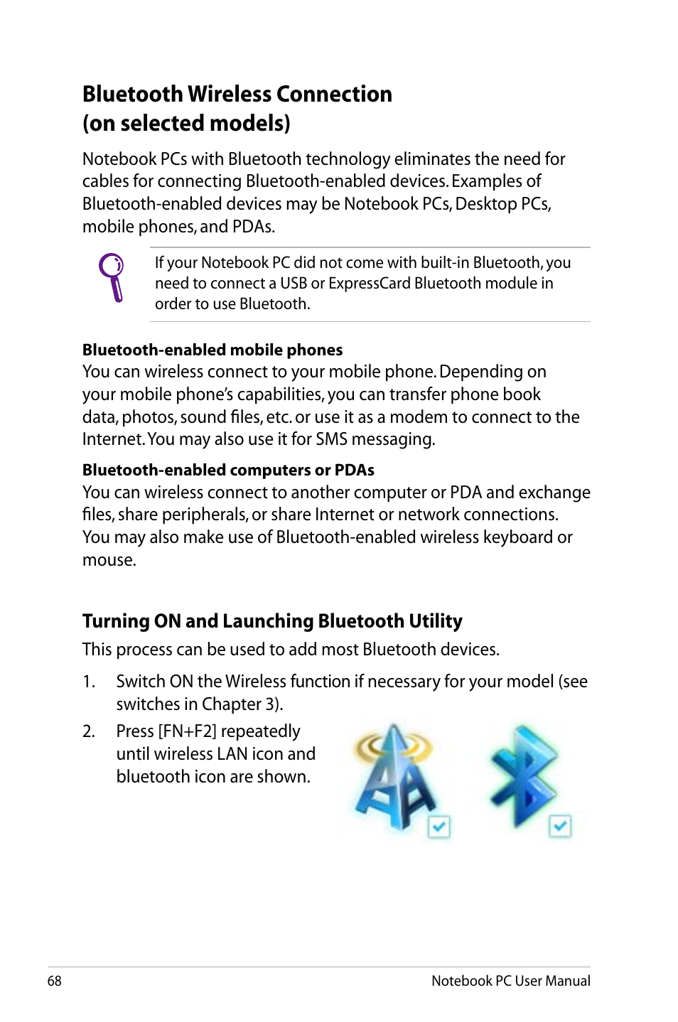 Bluetooth wireless connection(on selected models), Bluetooth wireless connection (on selected models) | Asus X64Jv User Manual | Page 68 / 110