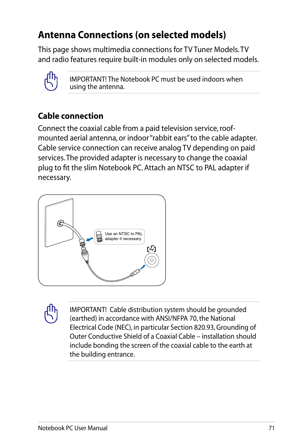 Antenna connections (on selected models), Cable connection | Asus X64Jv User Manual | Page 71 / 110