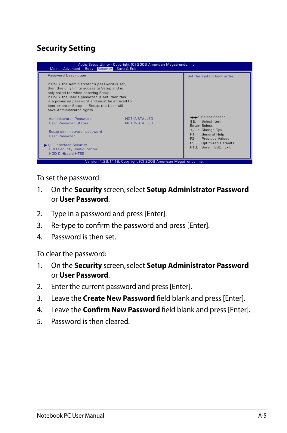 Security setting | Asus X64Jv User Manual | Page 77 / 110