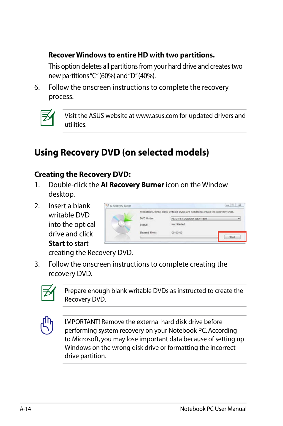 Using recovery dvd (on selected models) | Asus X64Jv User Manual | Page 86 / 110