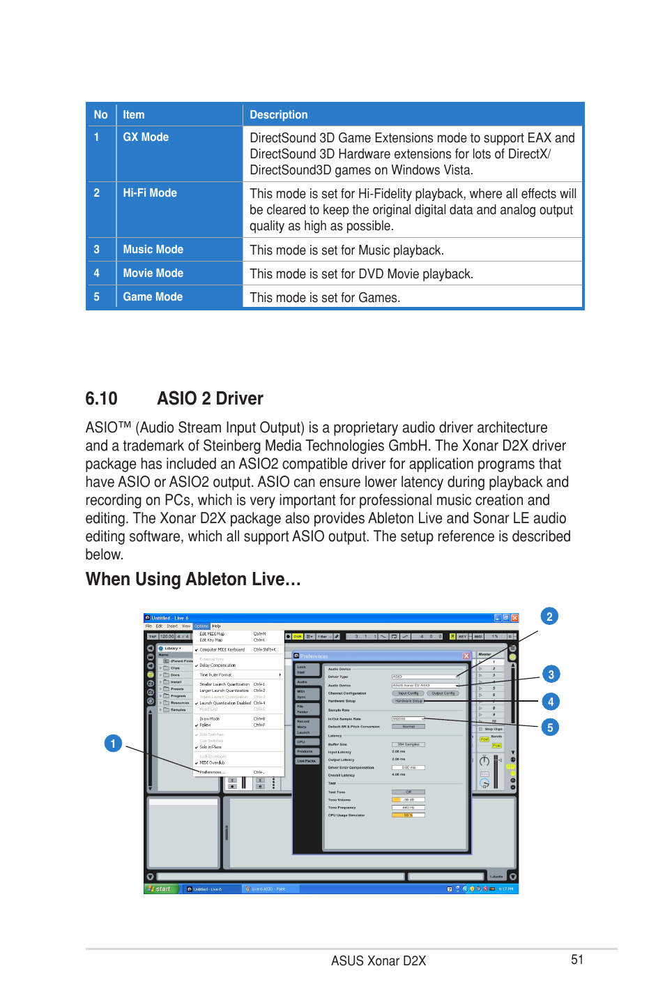 10 asio 2 driver, When using ableton live | Asus Xonar D2X User Manual | Page 57 / 88