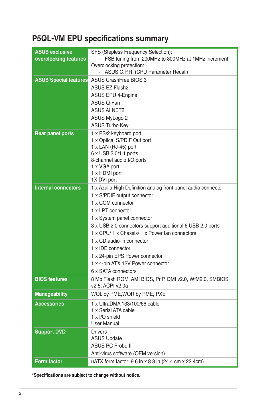 P5ql-vm epu specifications summary | Asus P5QL-VM EPU User Manual | Page 10 / 64