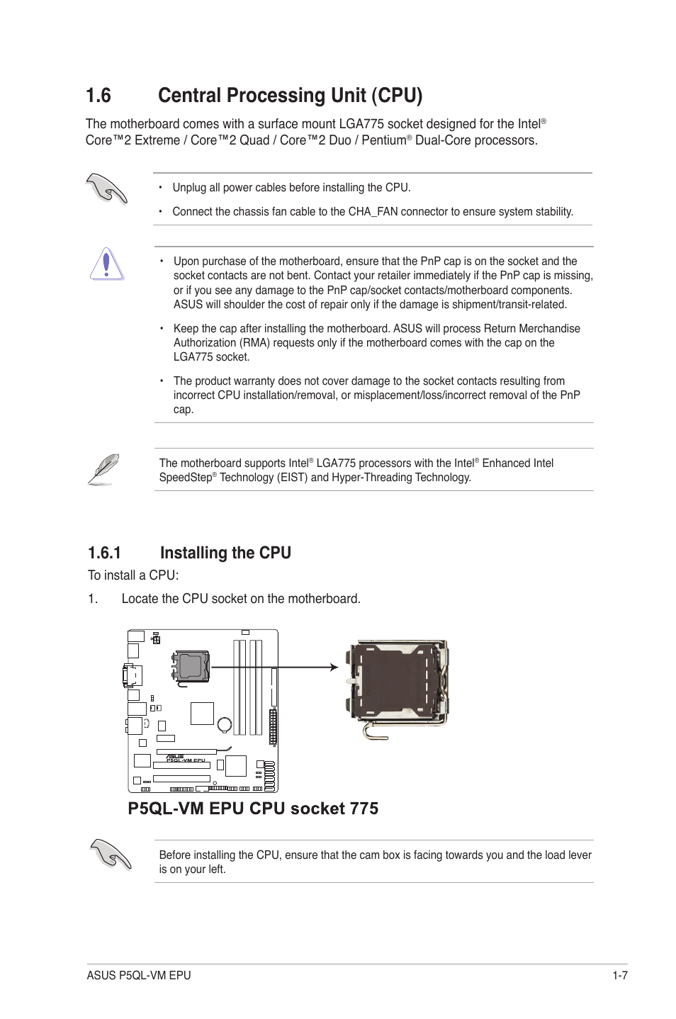 6 central processing unit (cpu), 1 installing the cpu, Central processing unit (cpu) -7 1.6.1 | Installing the cpu -7 | Asus P5QL-VM EPU User Manual | Page 17 / 64