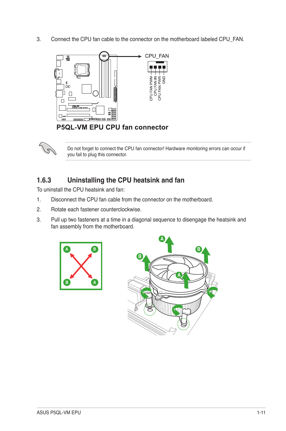 3 uninstalling the cpu heatsink and fan, Uninstalling the cpu heatsink and fan -11 | Asus P5QL-VM EPU User Manual | Page 21 / 64