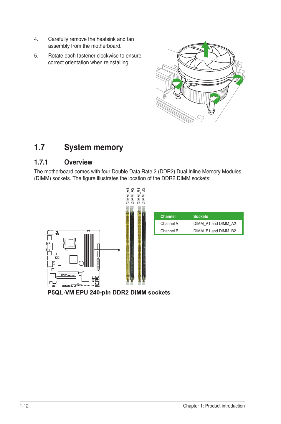 7 system memory, 1 overview, System memory -12 1.7.1 | Overview -12 | Asus P5QL-VM EPU User Manual | Page 22 / 64