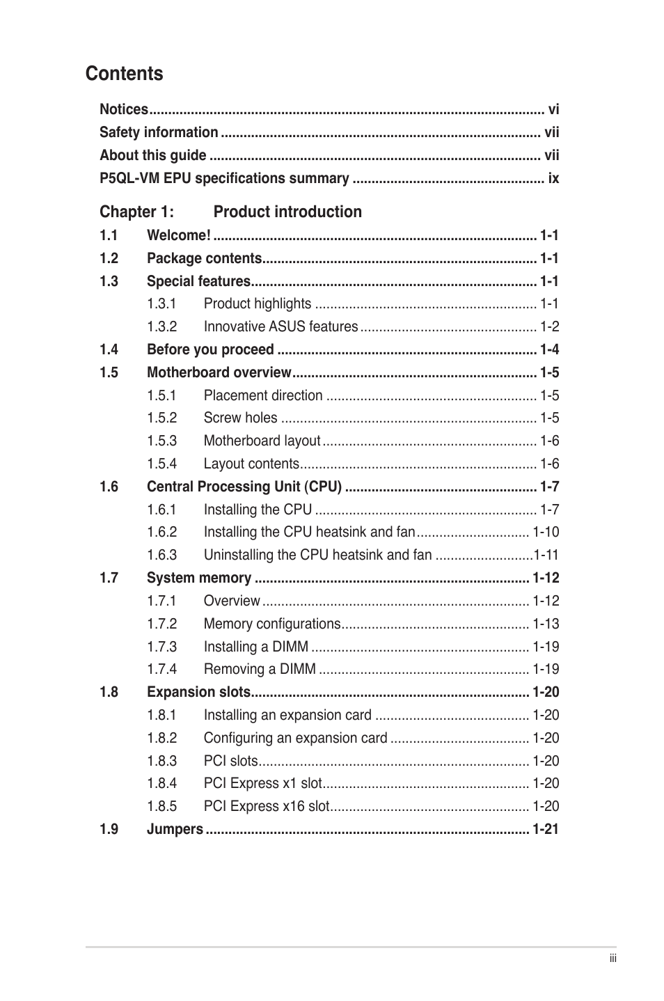 Asus P5QL-VM EPU User Manual | Page 3 / 64