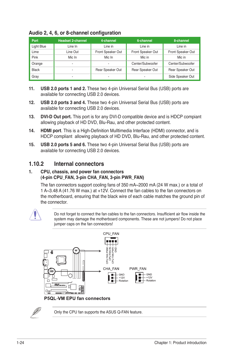 2 internal connectors, 2 internal connectors -24, Audio 2, 4, 6, or 8-channel configuration | Asus P5QL-VM EPU User Manual | Page 34 / 64