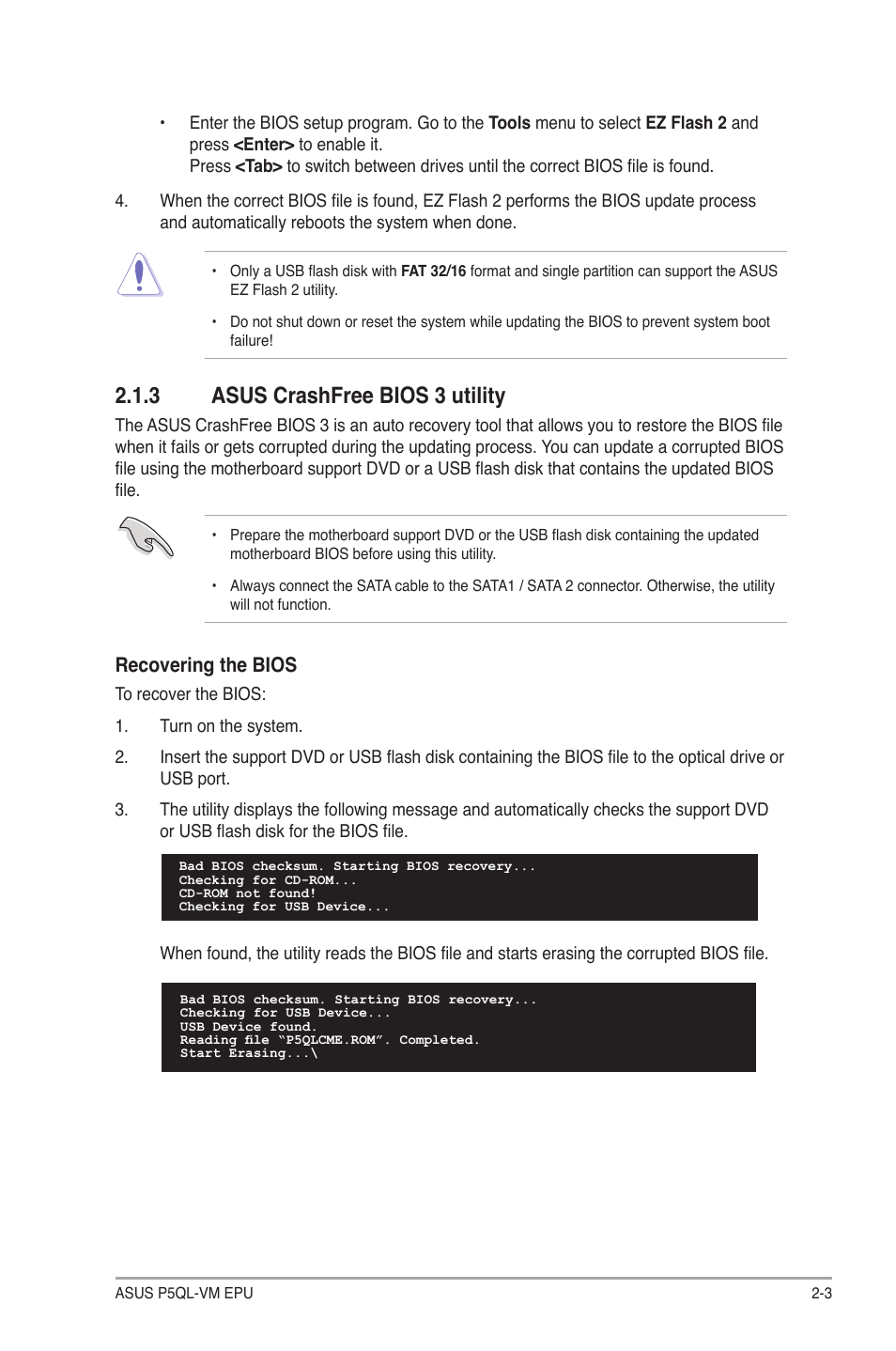 3 asus crashfree bios 3 utility, Asus crashfree bios 3 utility -3, Recovering the bios | Asus P5QL-VM EPU User Manual | Page 45 / 64