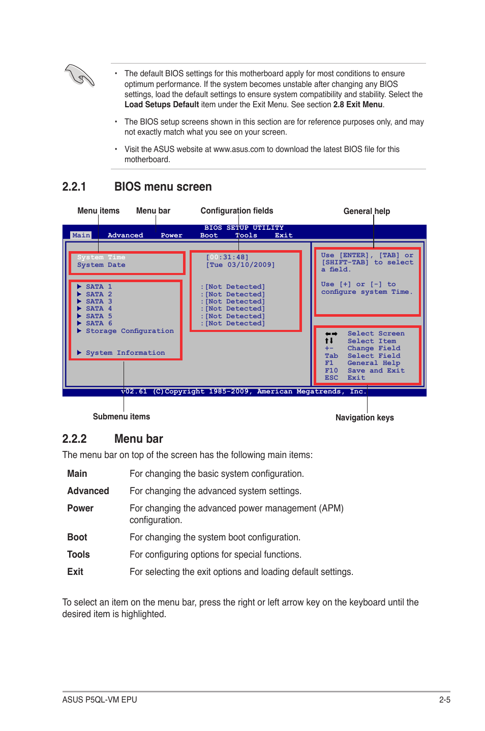 1 bios menu screen, 2 menu bar, Bios menu screen -5 | Menu bar -5 | Asus P5QL-VM EPU User Manual | Page 47 / 64