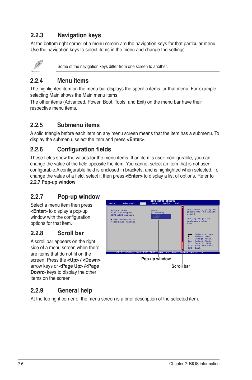 3 navigation keys, 4 menu items, 5 submenu items | 6 configuration fields, 7 pop-up window, 8 scroll bar, 9 general help, Navigation keys -6, Menu items -6, Submenu items -6 | Asus P5QL-VM EPU User Manual | Page 48 / 64