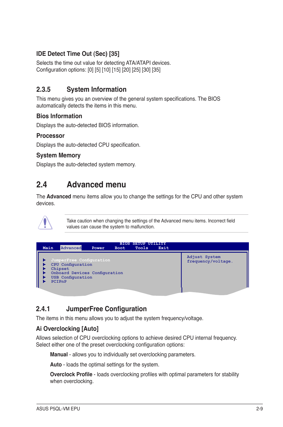 5 system information, 4 advanced menu, 1 jumperfree configuration | System information -9, Advanced menu -9 2.4.1, Jumperfree configuration -9 | Asus P5QL-VM EPU User Manual | Page 51 / 64