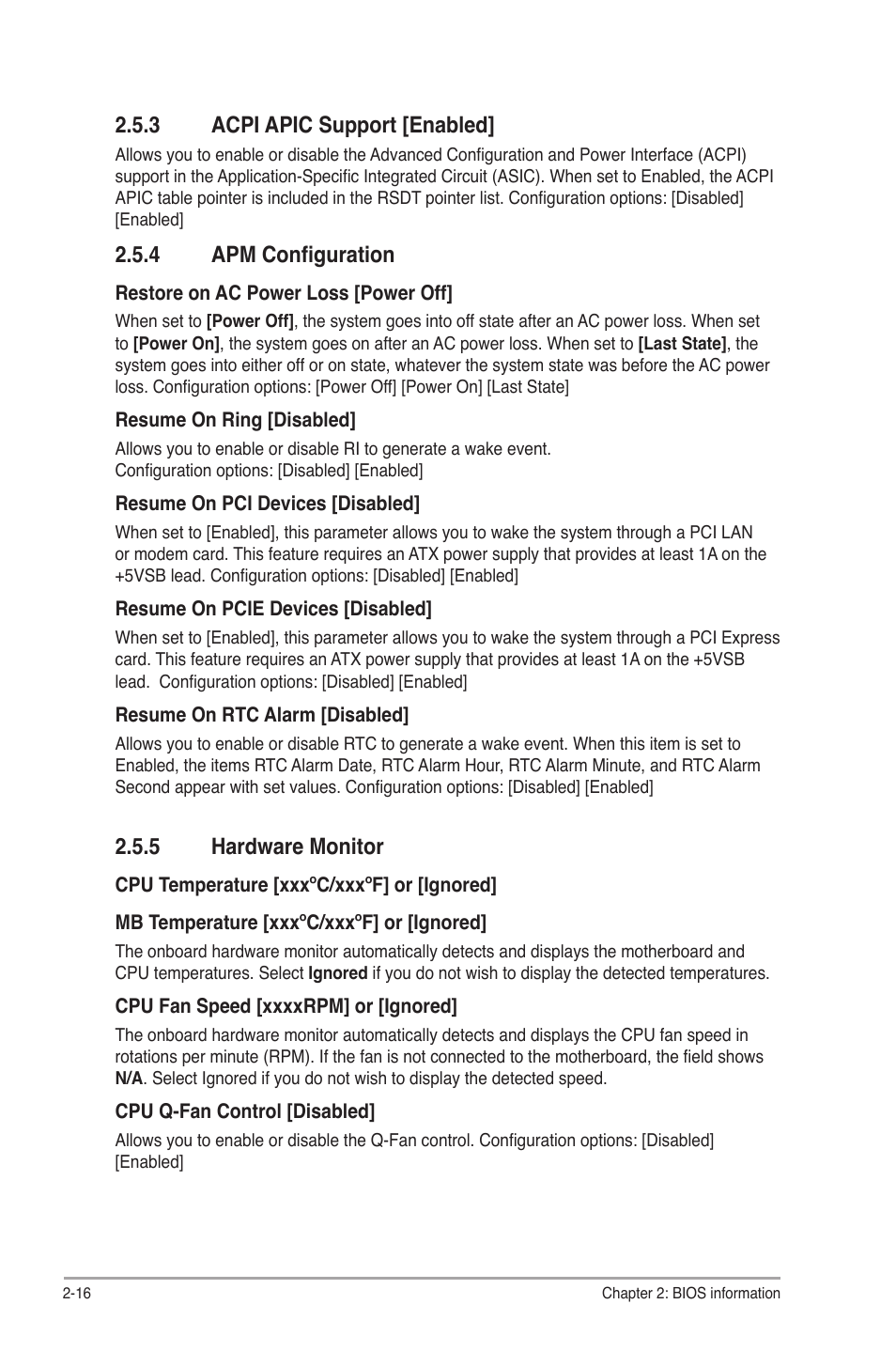 3 acpi apic support, 4 apm configuration, 5 hardware monitor | Acpi apic support -16, Apm configuration -16, Hardware monitor -16, 3 acpi apic support [enabled | Asus P5QL-VM EPU User Manual | Page 58 / 64