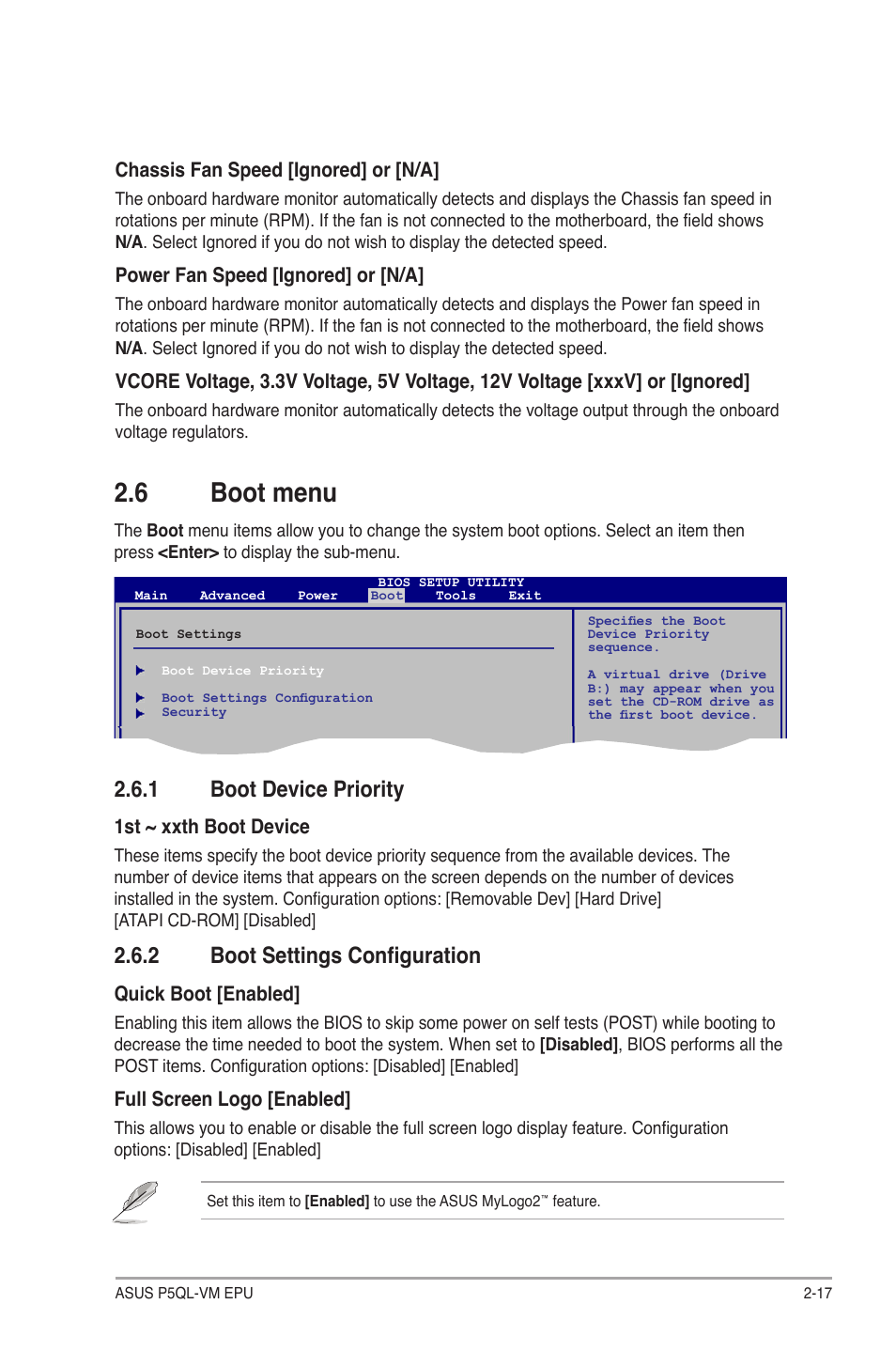 6 boot menu, 1 boot device priority, 2 boot settings configuration | Boot menu -17 2.6.1, Boot device priority -17, Boot settings configuration -17 | Asus P5QL-VM EPU User Manual | Page 59 / 64